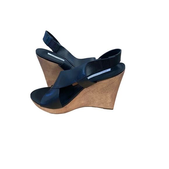 Diane Von Furstenberg Women's Natural Black Leather Wedges Sandal Size 7.5 - Picture 1 of 7